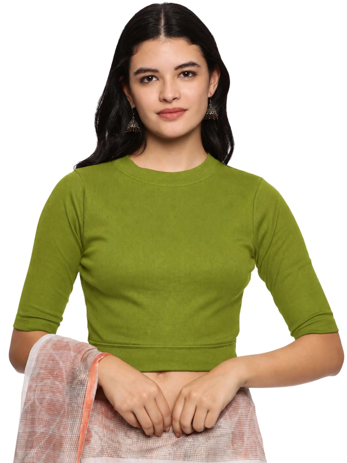 Women Back Printed Stretchable Elbow Sleeve RIB Blouse U0148 Dark Parrot Green