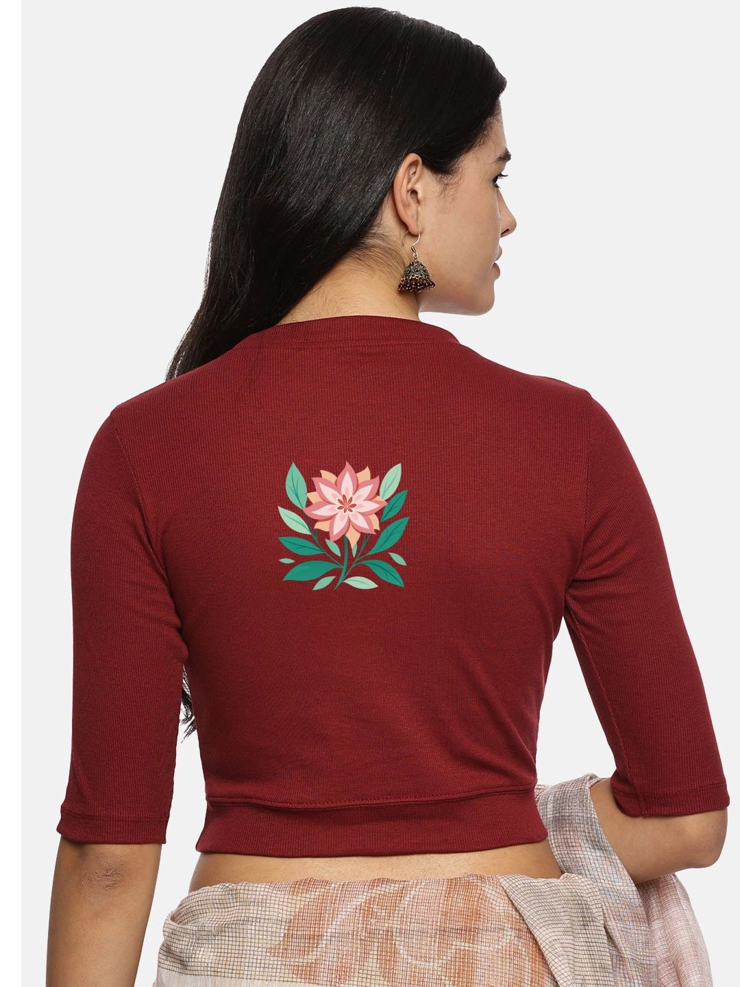 Women Back Printed Stretchable Elbow Sleeve RIB Blouse U0155 - notyetbyus