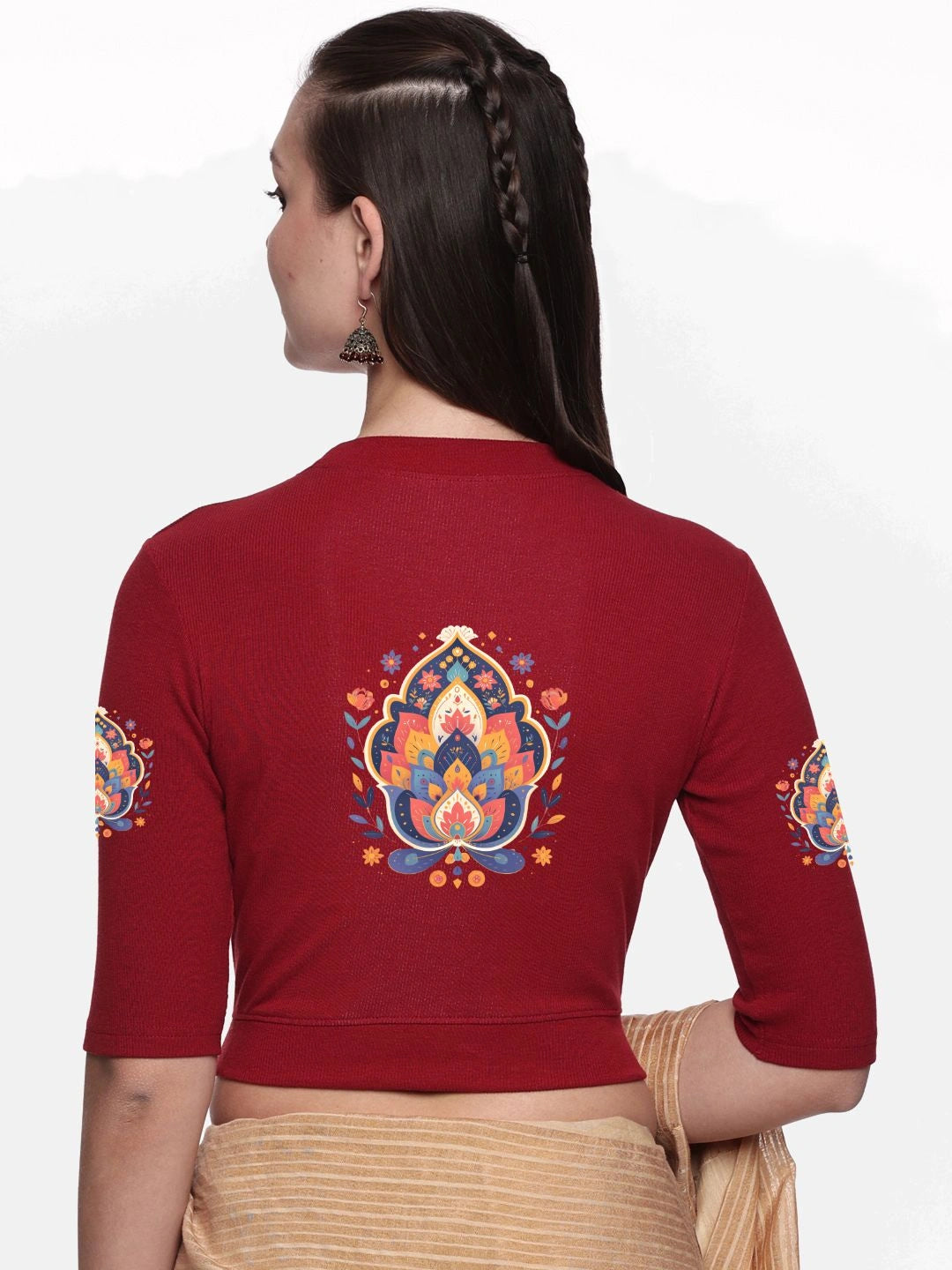 Women Back Printed Stretchable Elbow Sleeve RIB Blouse U0157 - notyetbyus