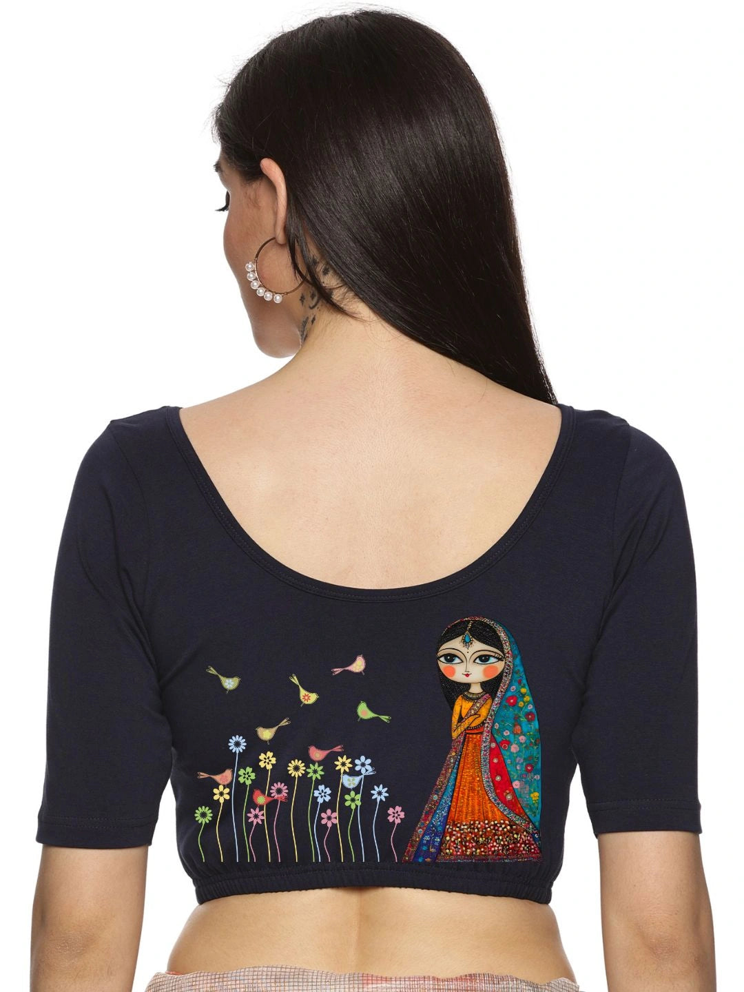 Women Back Printed Stretchable Half Sleeve Blouse U0223 Navy
