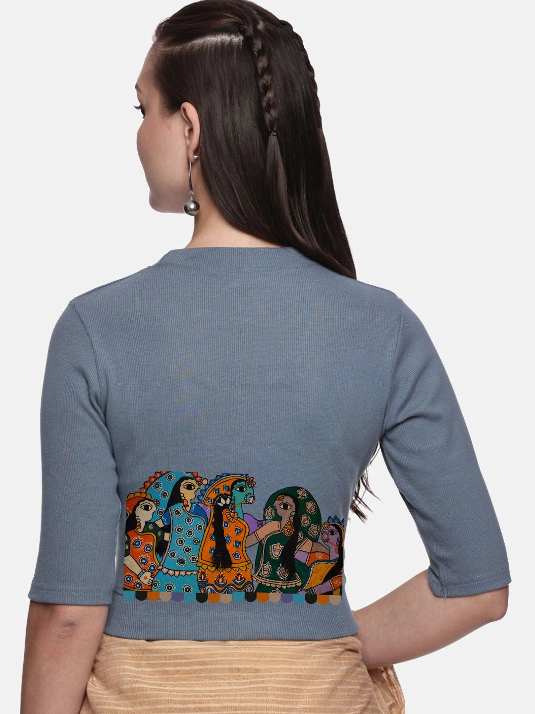 Women Back Printed Stretchable Elbow Sleeve RIB Blouse U0160 - notyetbyus