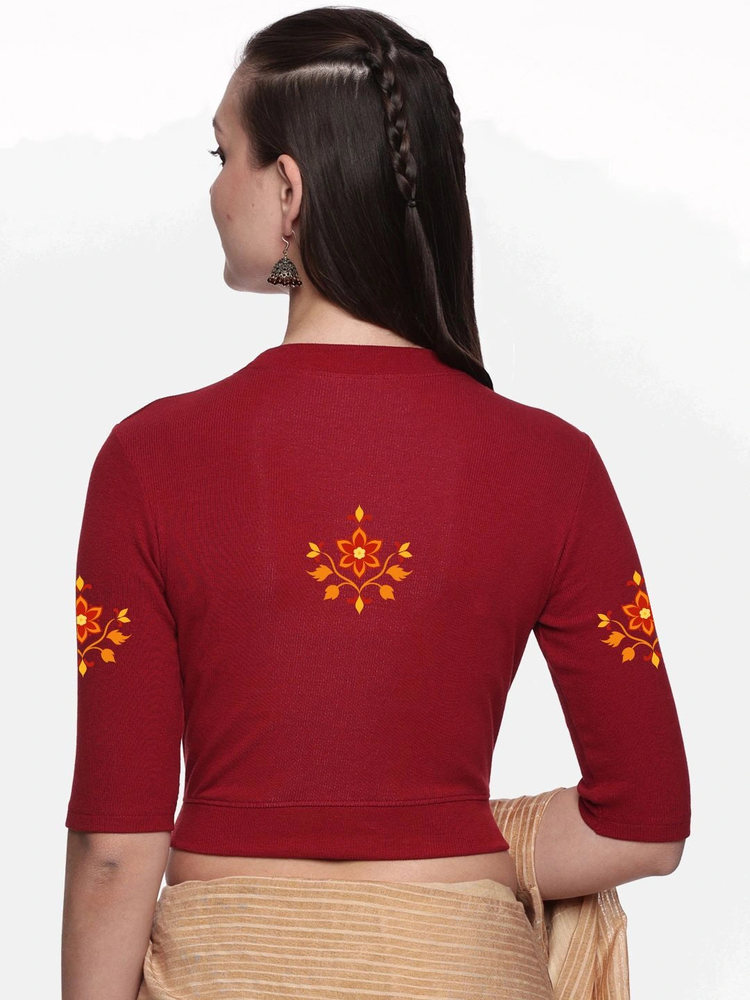 Women Back Printed Stretchable Elbow Sleeve RIB Blouse U0158 - notyetbyus