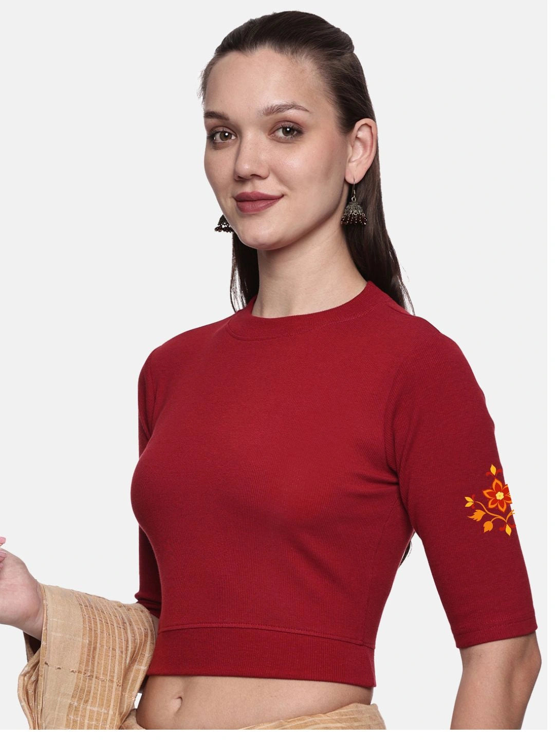 Women Back Printed Stretchable Elbow Sleeve RIB Blouse U0158 - notyetbyus