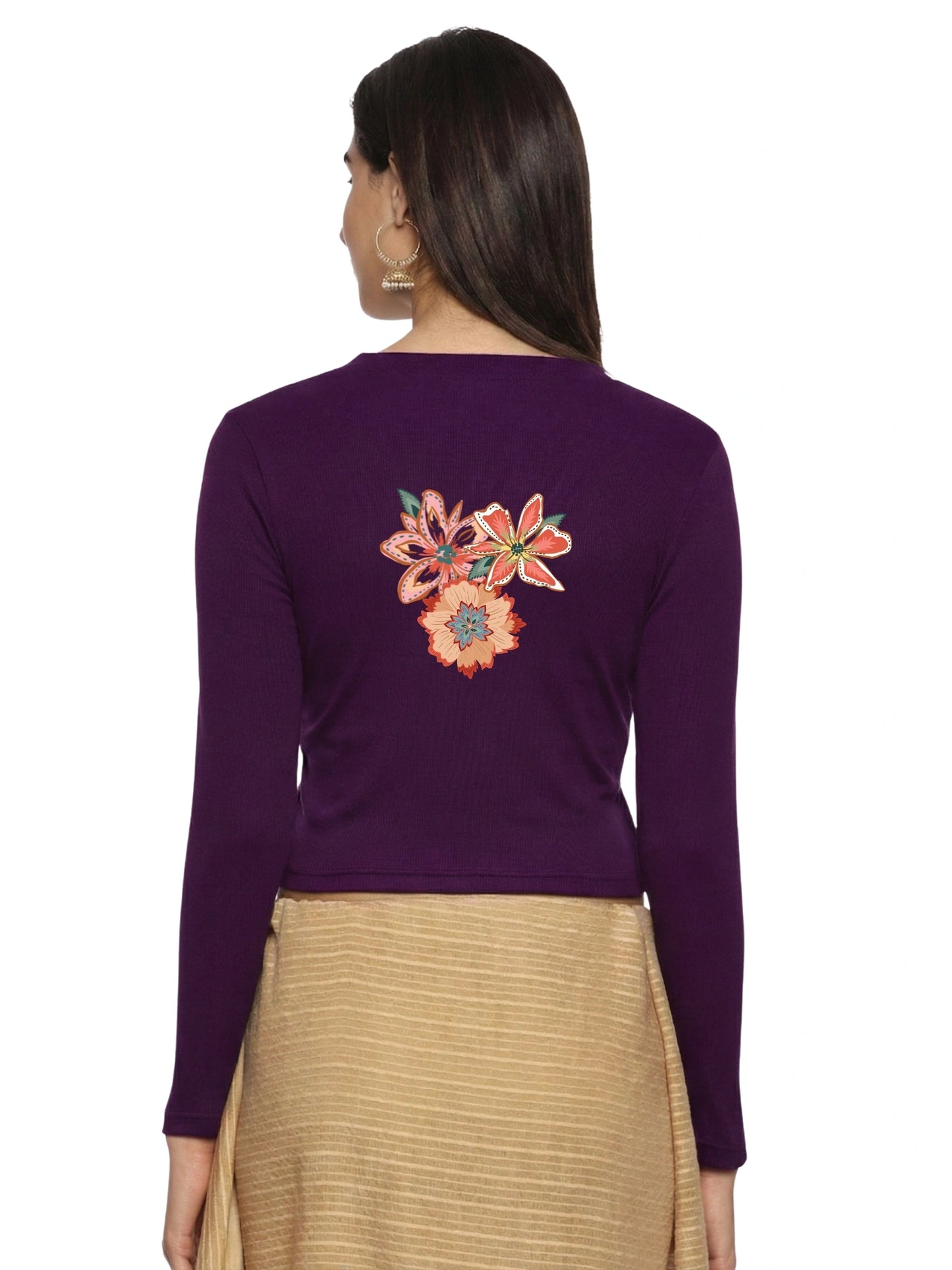 Women Back Printed Stretchable Full Sleeve V Neck RIB Blouse U0214 Violet