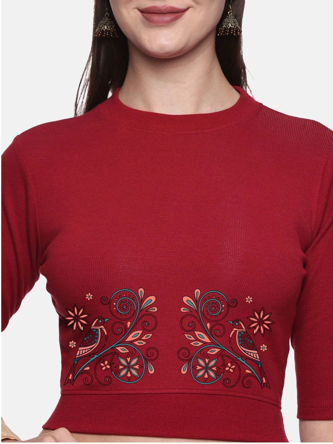 Women Back Printed Stretchable Elbow Sleeve RIB Blouse U0156 - notyetbyus