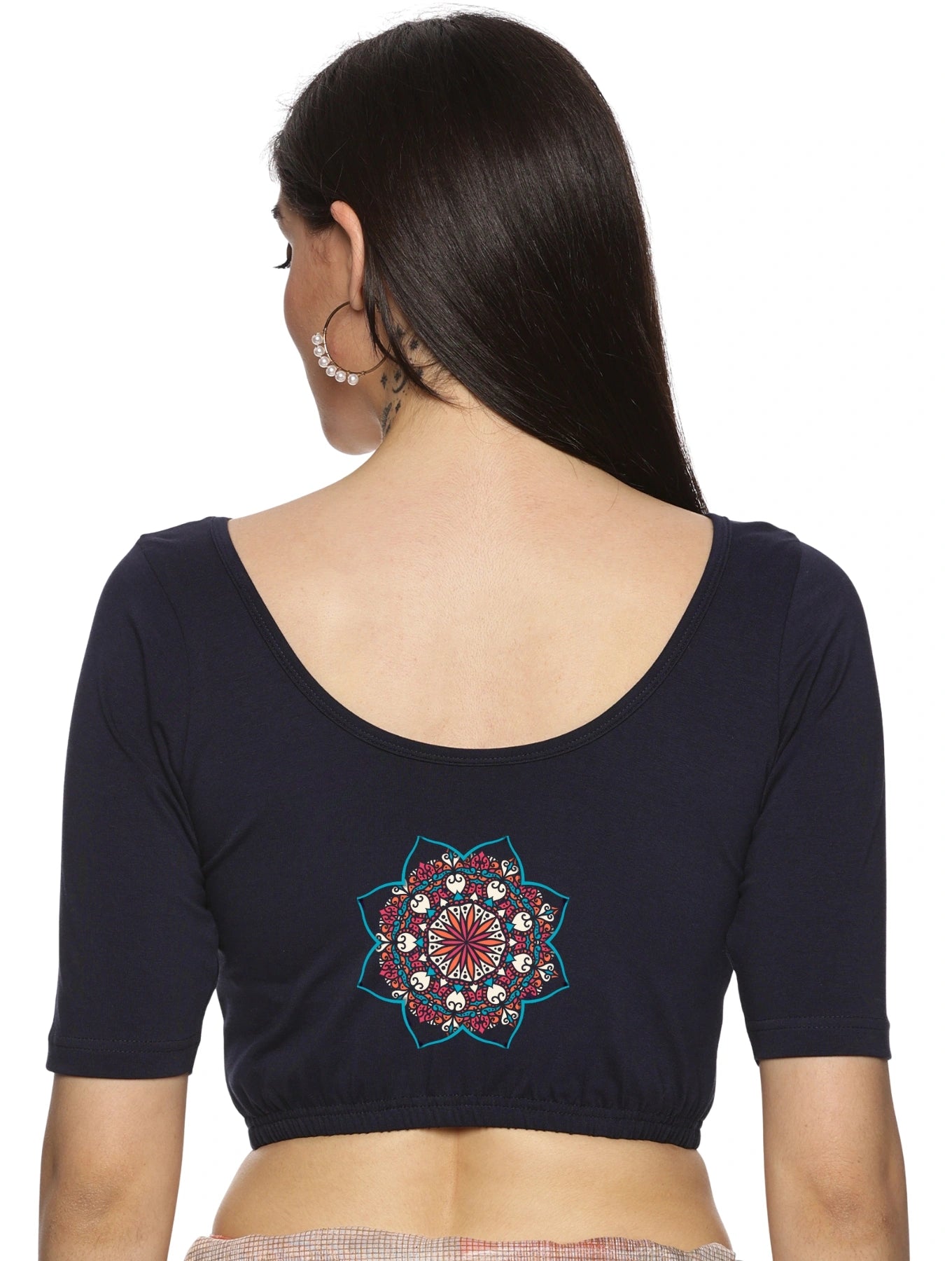 Women Back Printed Stretchable Half Sleeve Blouse U0222 Navy