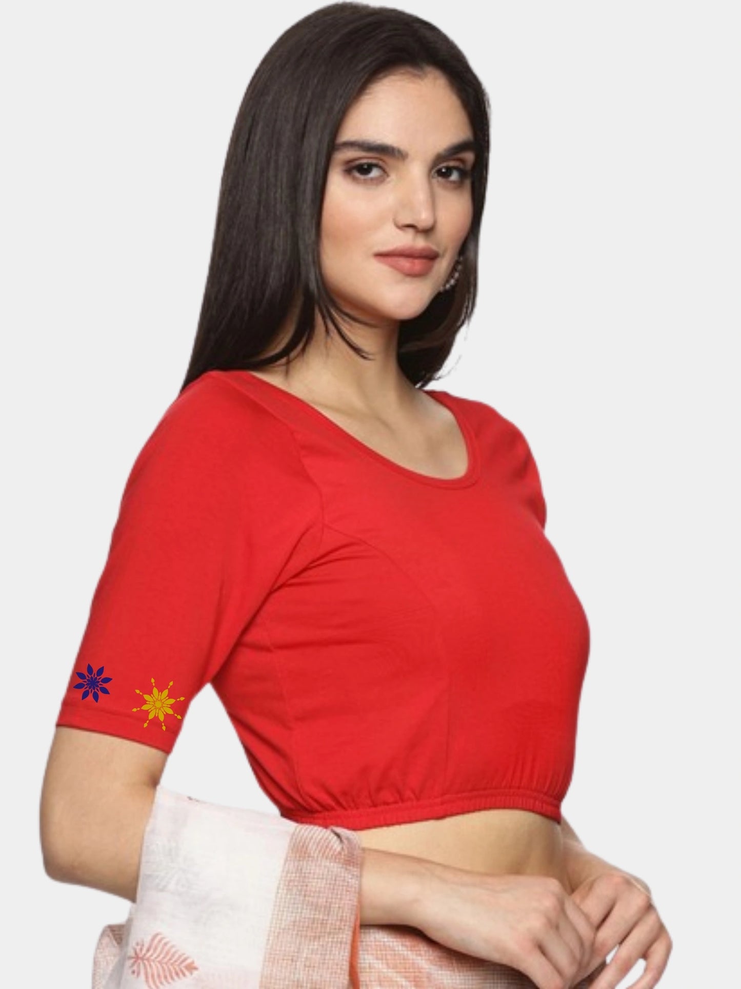 Women Back Printed Stretchable Half Sleeve Blouse U0193 Red