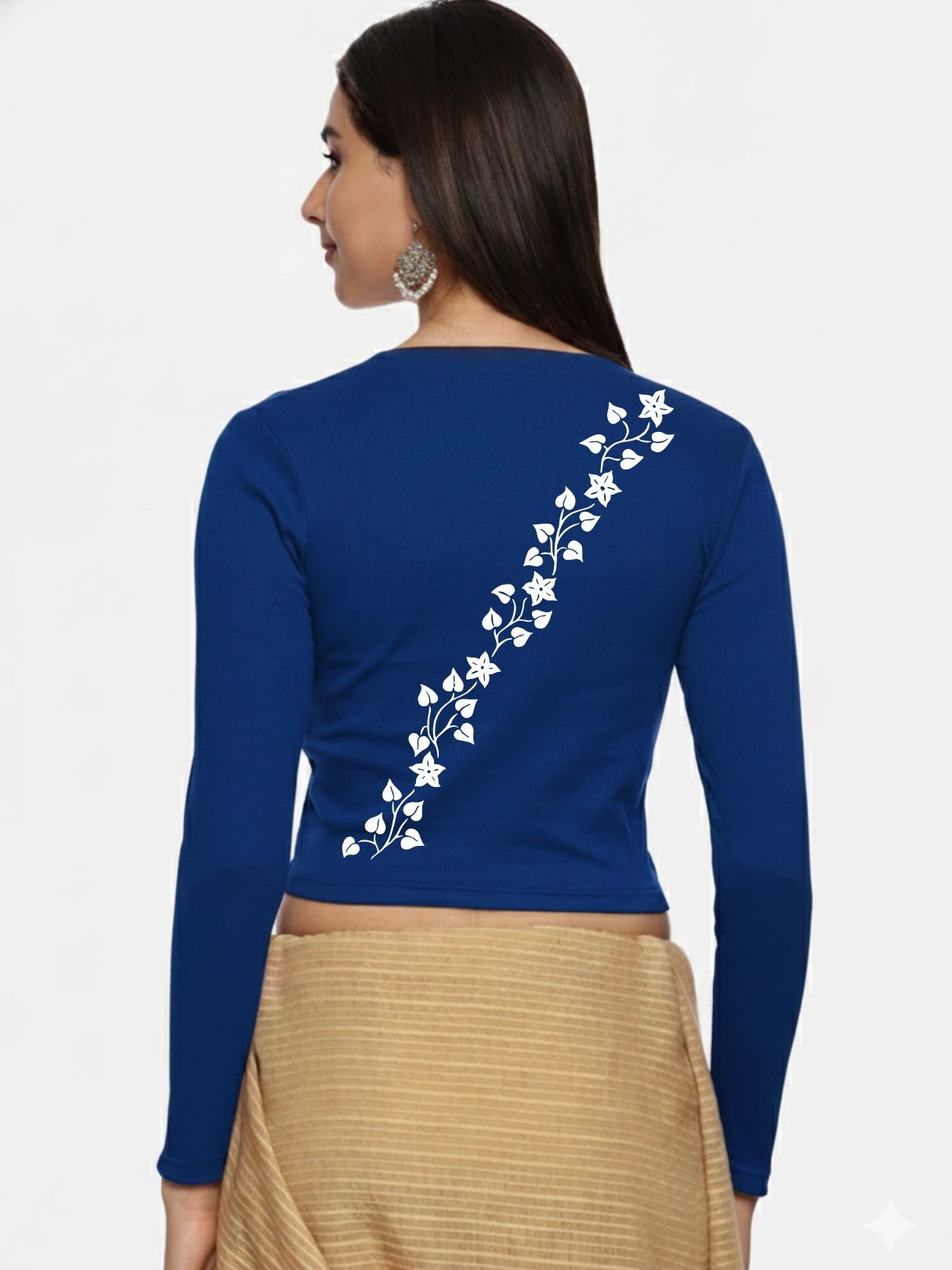 Women Back Printed Stretchable Full Sleeve V Neck RIB Blouse U0219 Royal Blue