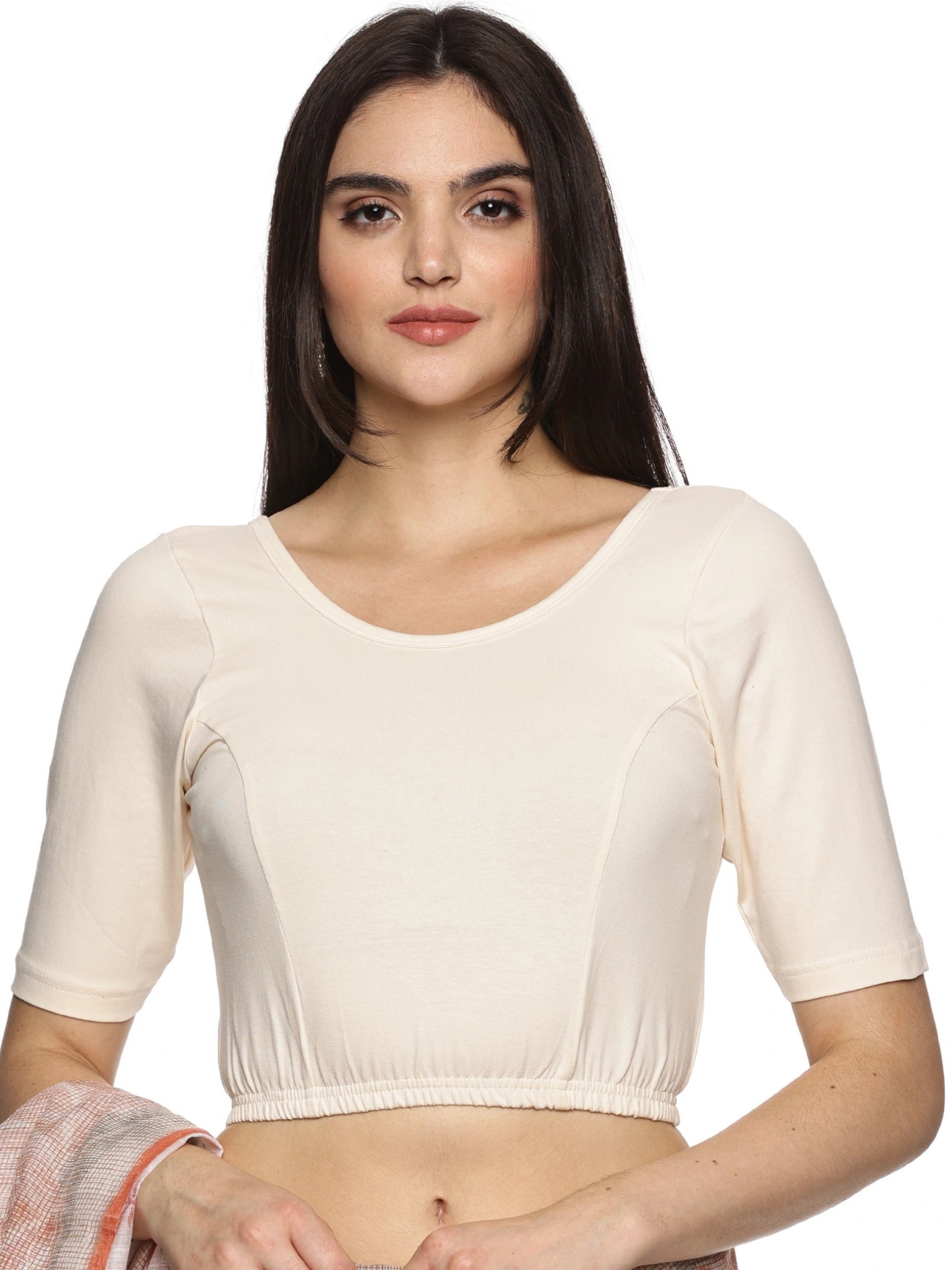 Women Back Printed Stretchable Half Sleeve Blouse U0144 Cream