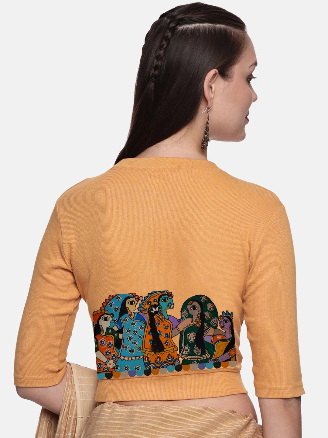 Women Back Printed Stretchable Elbow Sleeve RIB Blouse U0160 - notyetbyus