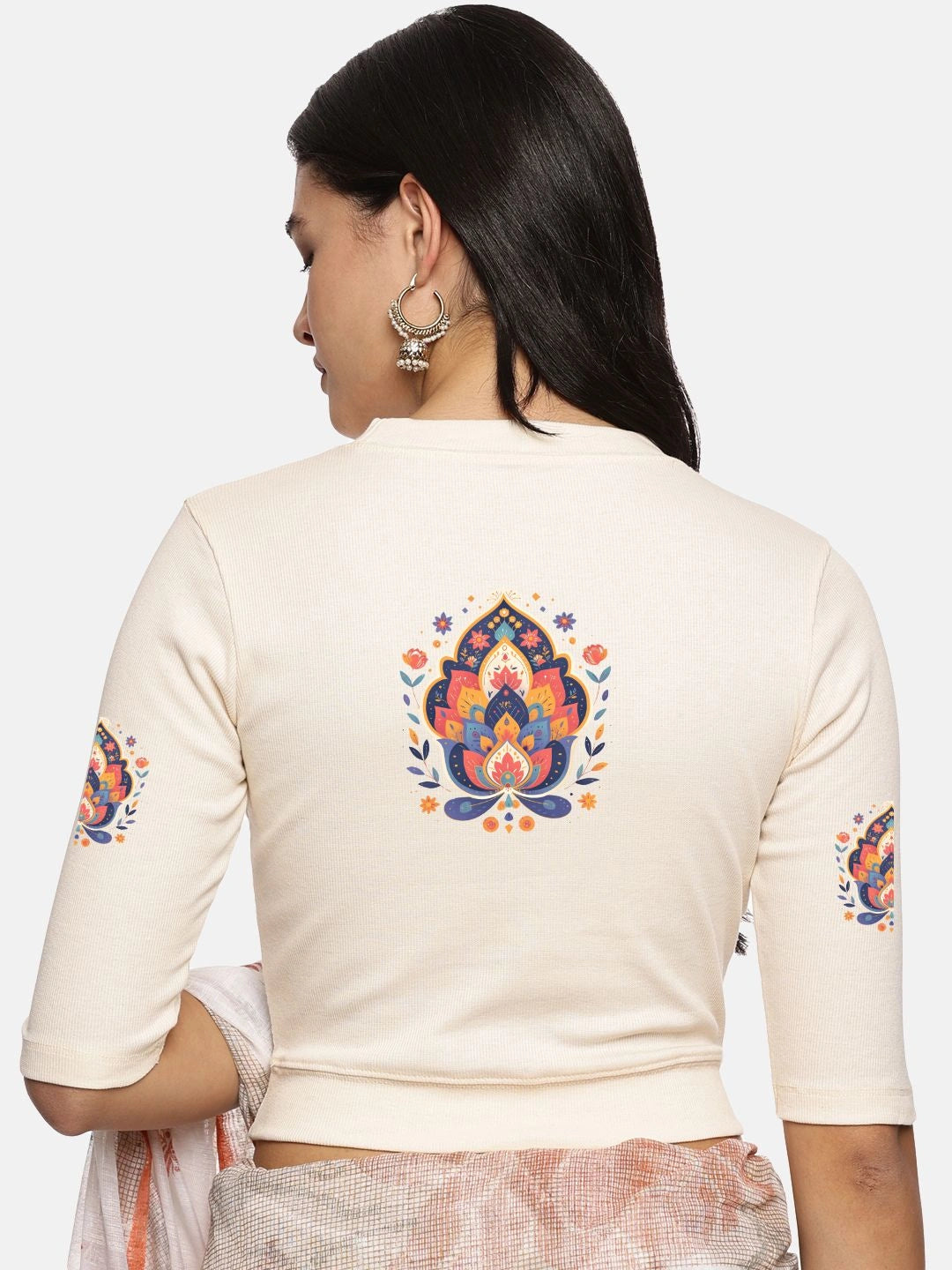 Women Back Printed Stretchable Elbow Sleeve RIB Blouse U0157 - notyetbyus