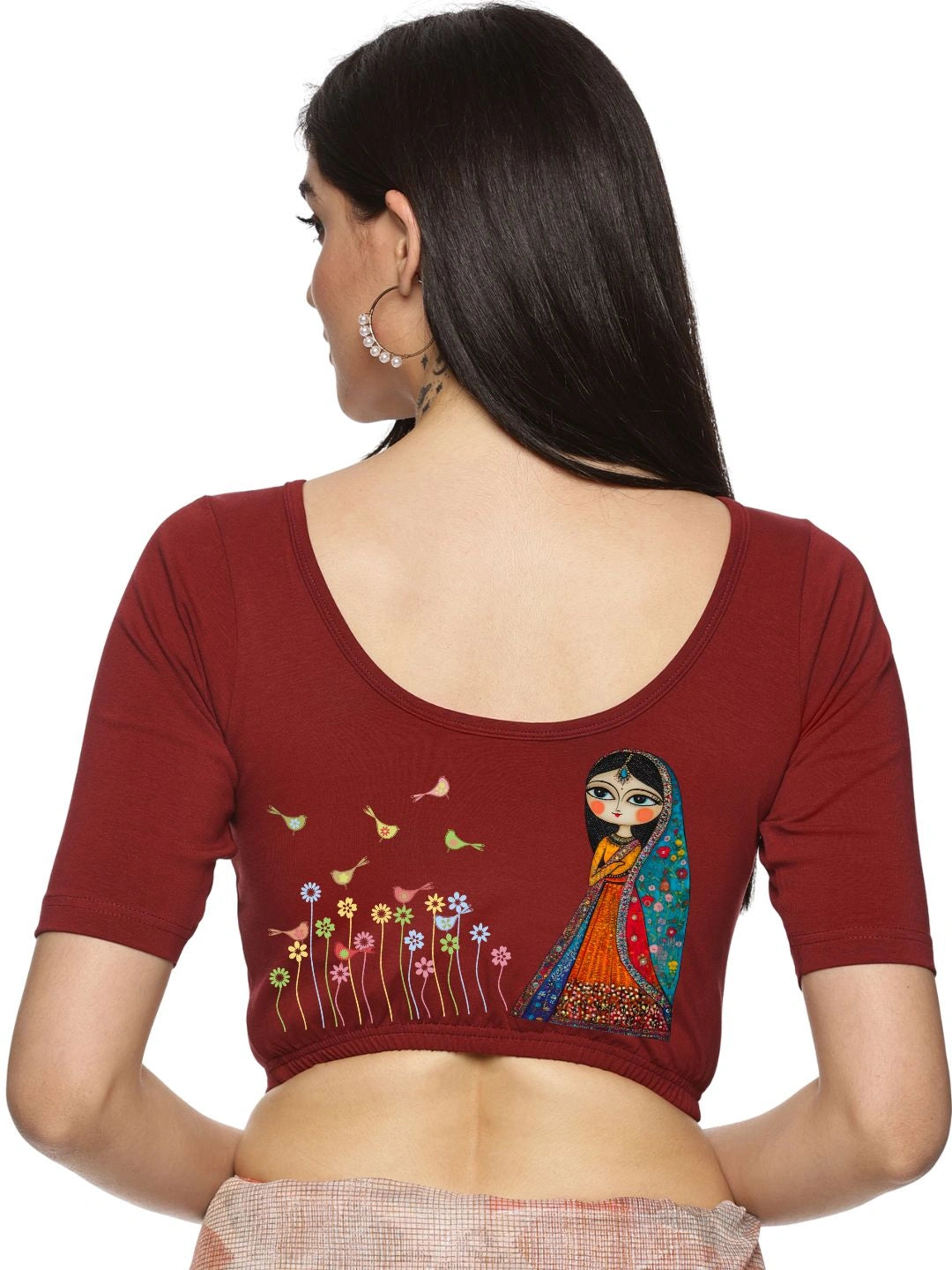 Women Back Printed Stretchable Half Sleeve Blouse U0223 Maroon