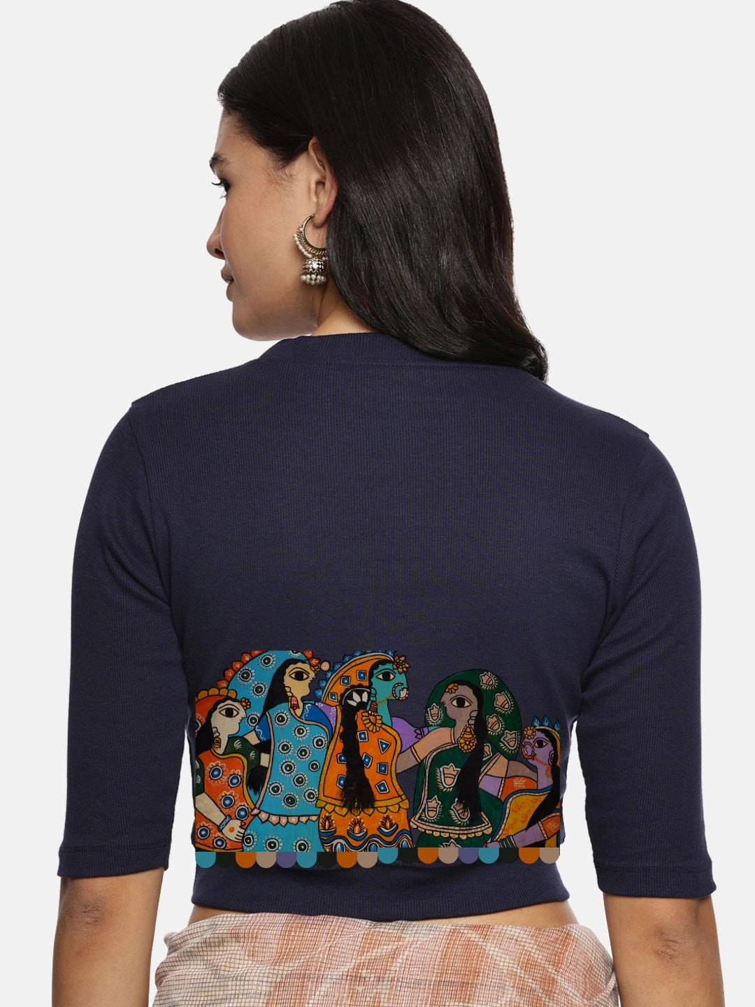 Women Back Printed Stretchable Elbow Sleeve RIB Blouse U0160 - notyetbyus