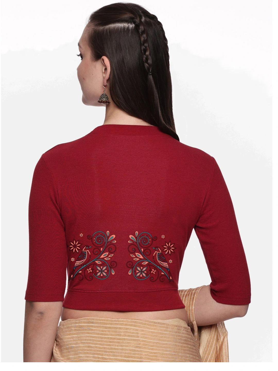Women Back Printed Stretchable Elbow Sleeve RIB Blouse U0156 - notyetbyus