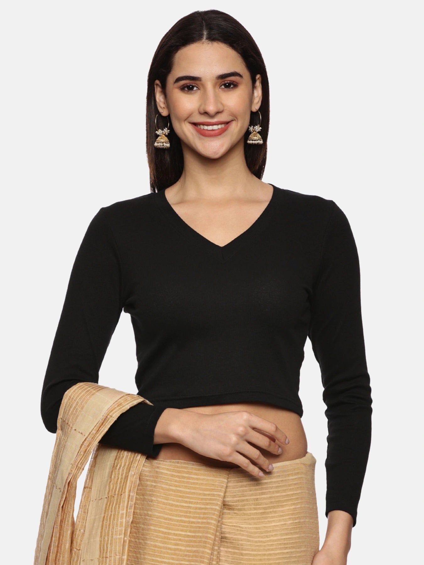 Women Back Printed Stretchable Full Sleeve V Neck RIB Blouse U0187 Black
