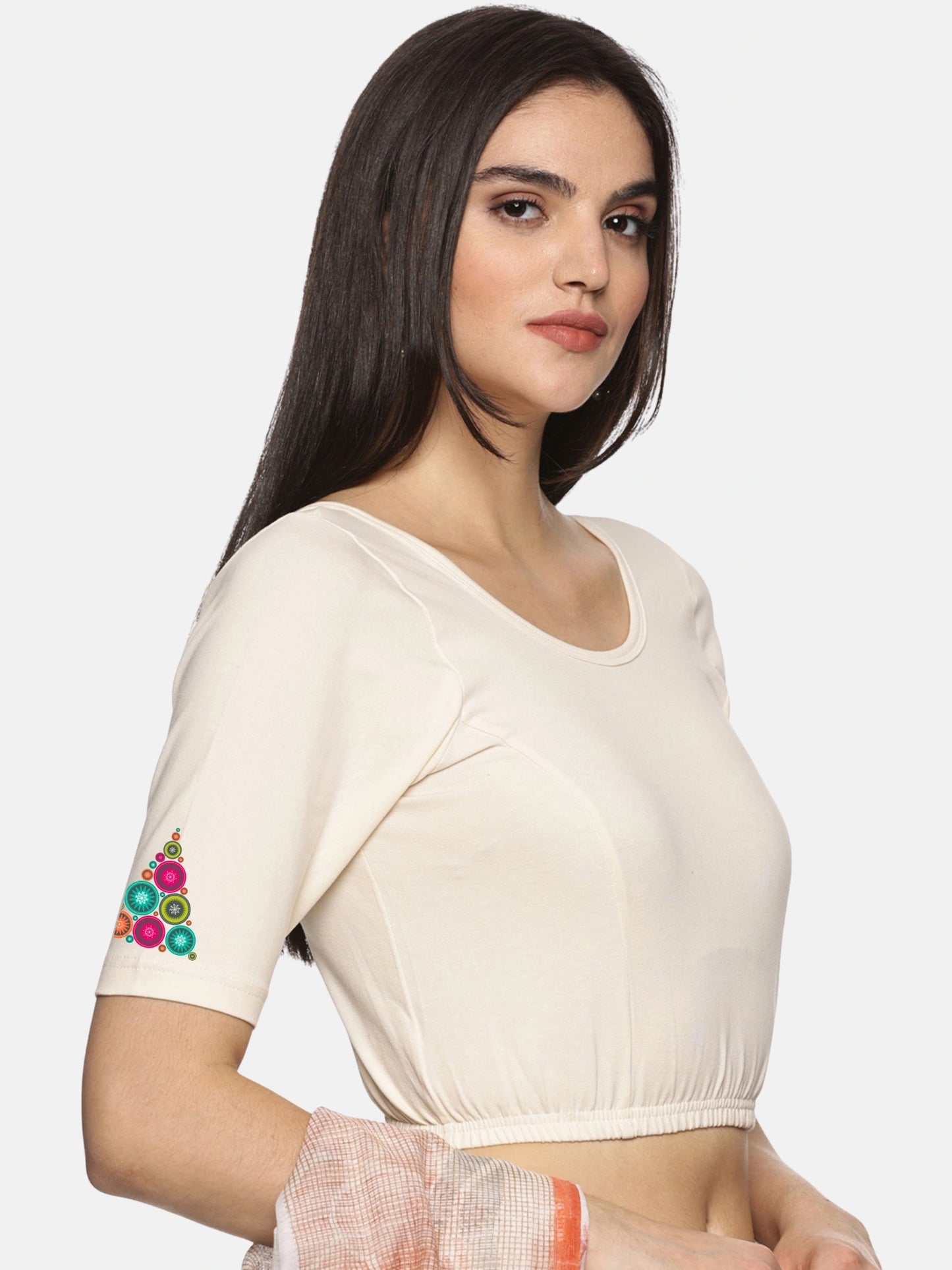 Women Back Printed Stretchable Half Sleeve Blouse U0173 Cream