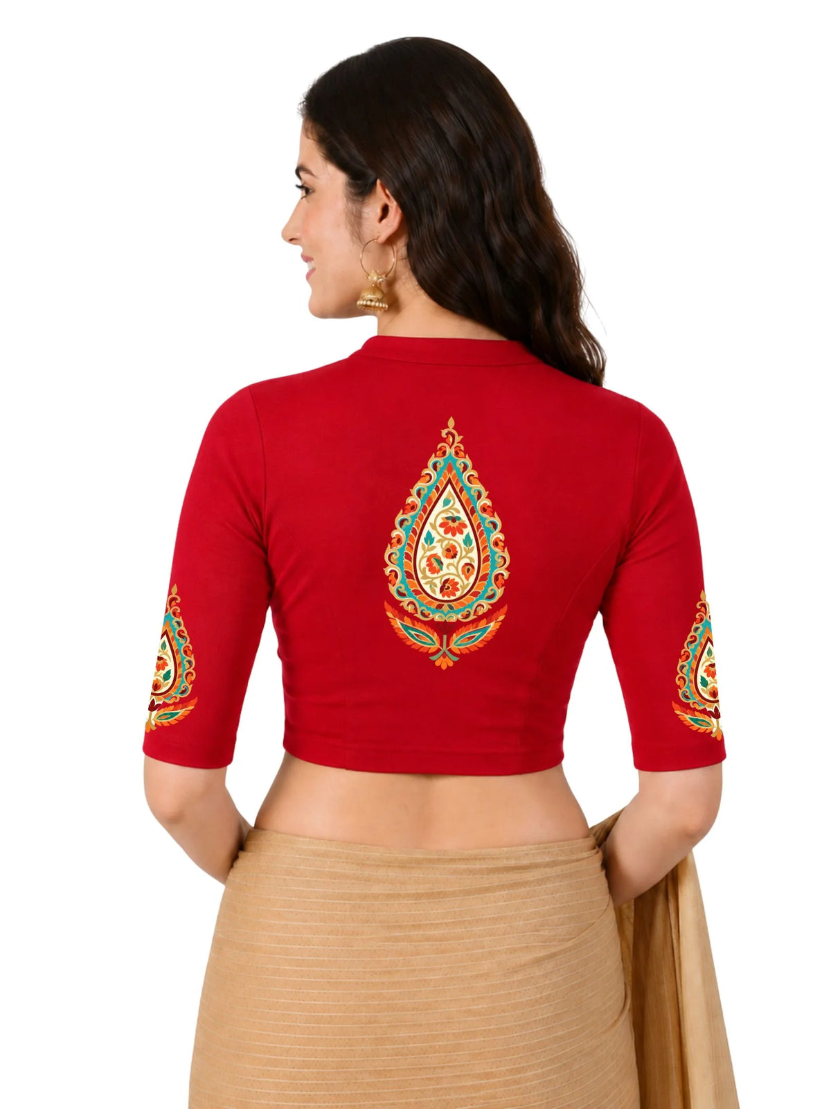 Women Mandarin Collar Back Printed Stretchable Elbow Sleeve Blouse U0279 Red