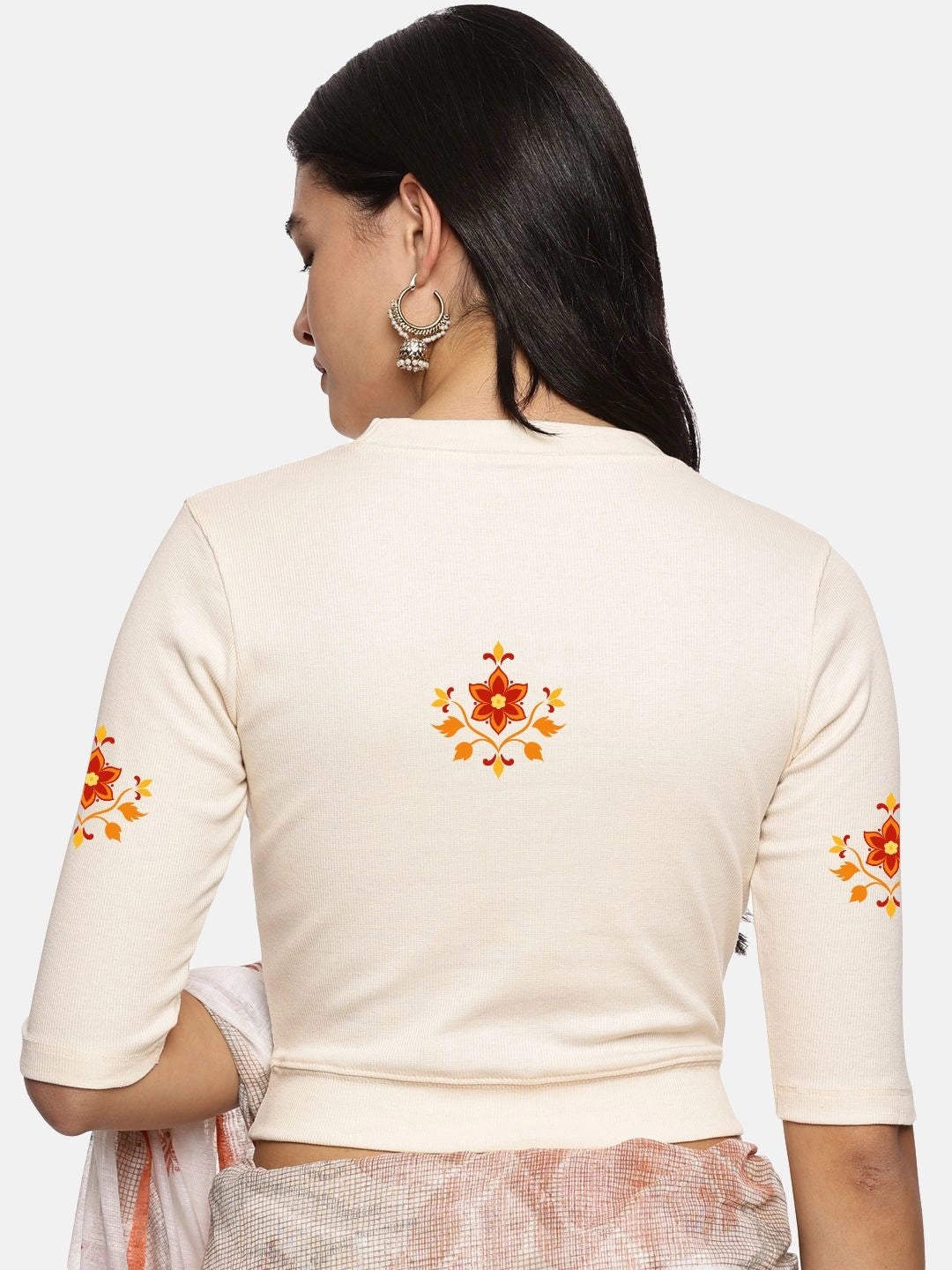Women Back Printed Stretchable Elbow Sleeve RIB Blouse U0158 - notyetbyus