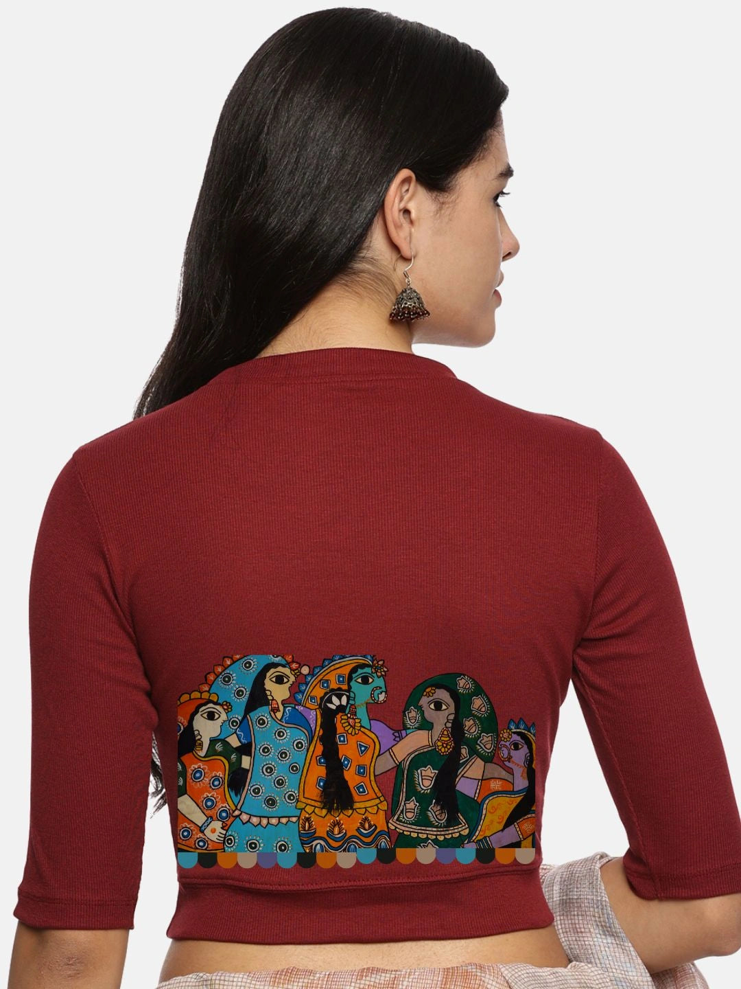 Women Back Printed Stretchable Elbow Sleeve RIB Blouse U0160 - notyetbyus