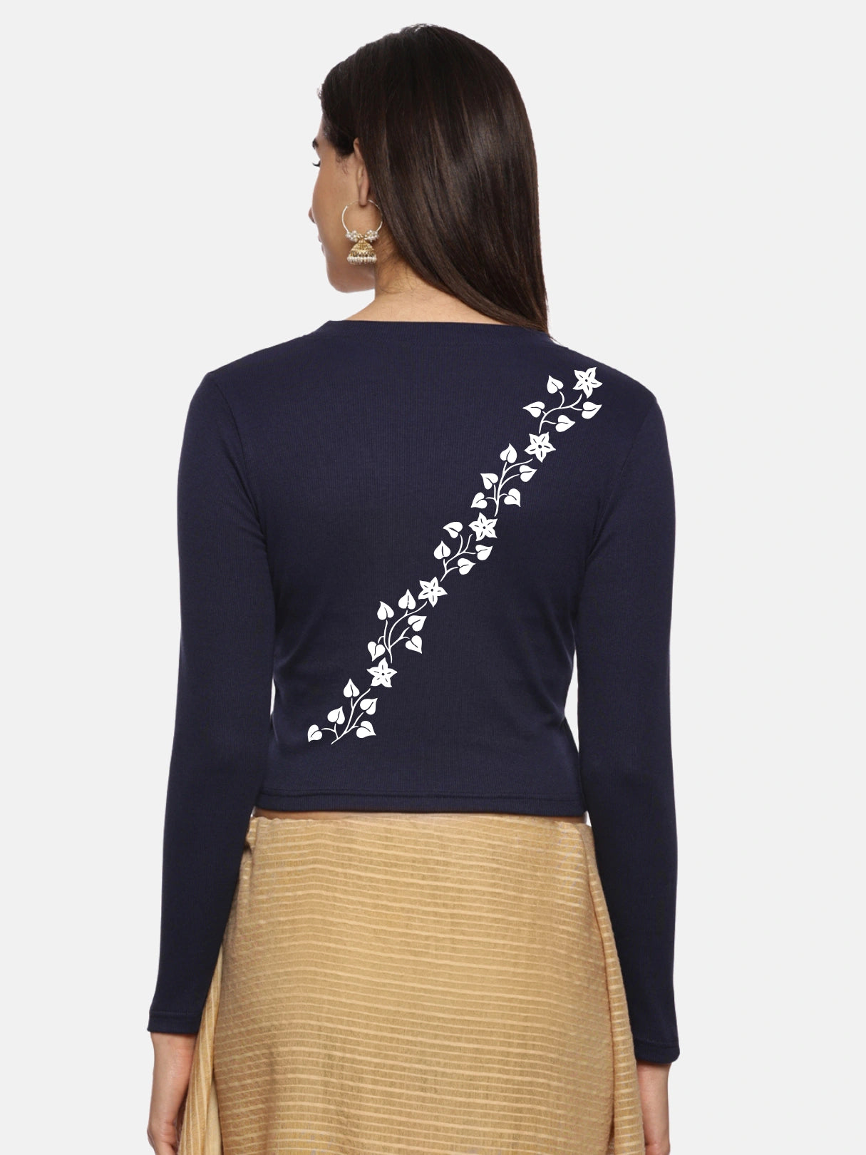 Women Back Printed Stretchable Full Sleeve V Neck RIB Blouse U0219 Navy