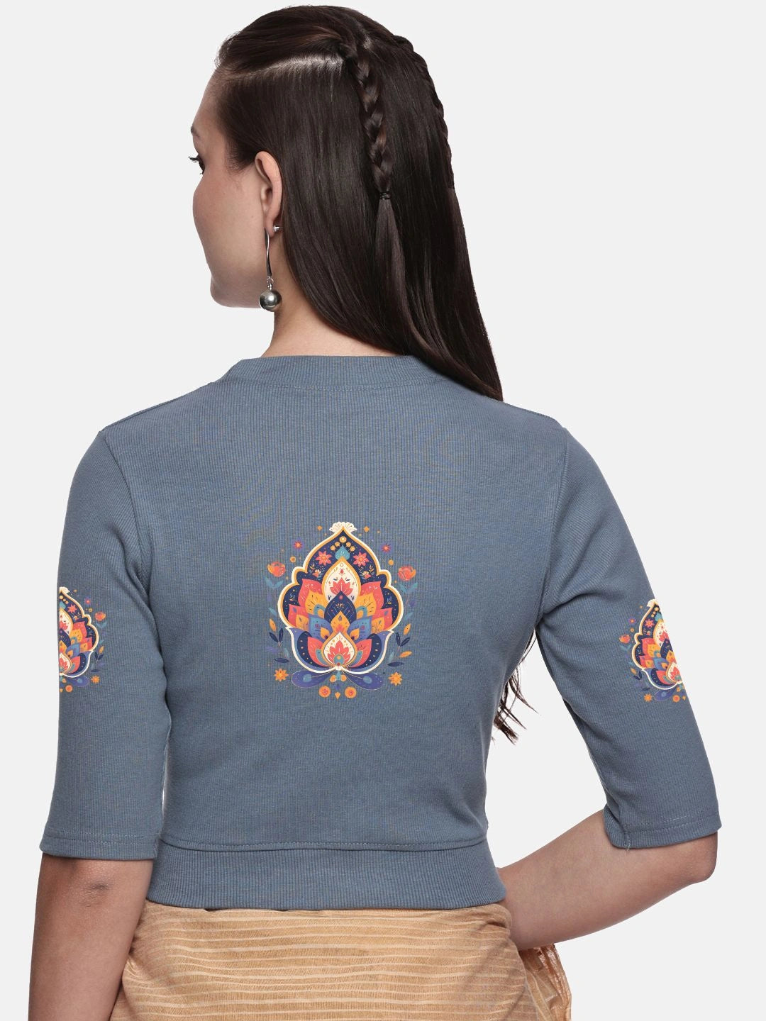 Women Back Printed Stretchable Elbow Sleeve RIB Blouse U0157 - notyetbyus