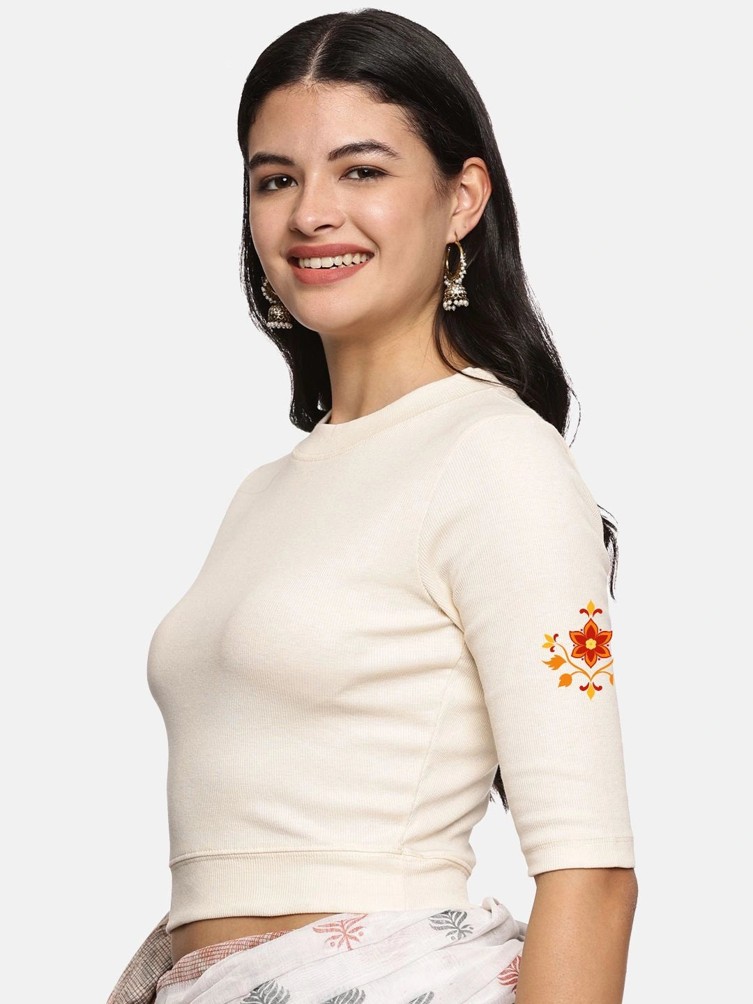 Women Back Printed Stretchable Elbow Sleeve RIB Blouse U0158 - notyetbyus