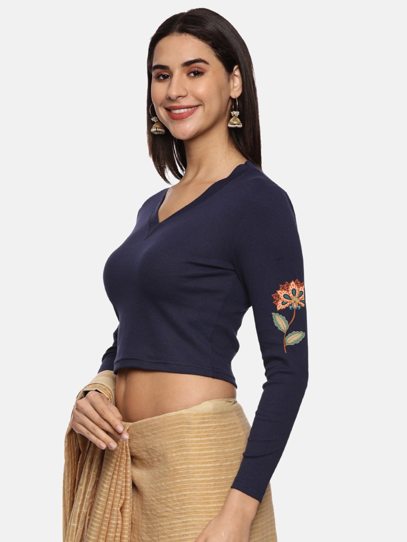 Women Back Printed Stretchable Full Sleeve V Neck RIB Blouse U0211 Navy