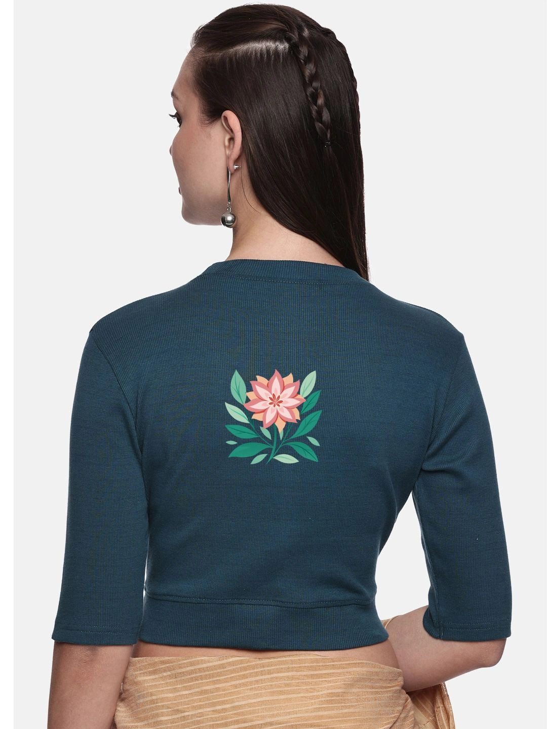 Women Back Printed Stretchable Elbow Sleeve RIB Blouse U0155 - notyetbyus