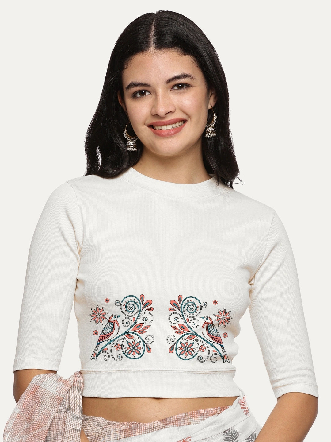 Women Back Printed Stretchable Elbow Sleeve RIB Blouse U0156 - notyetbyus