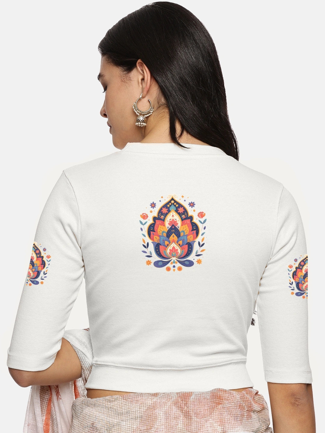 Women Back Printed Stretchable Elbow Sleeve RIB Blouse U0157 - notyetbyus