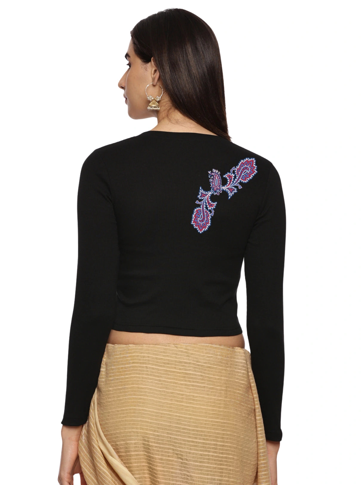 Women Back Printed Stretchable Full Sleeve V Neck RIB Blouse U0217 Black