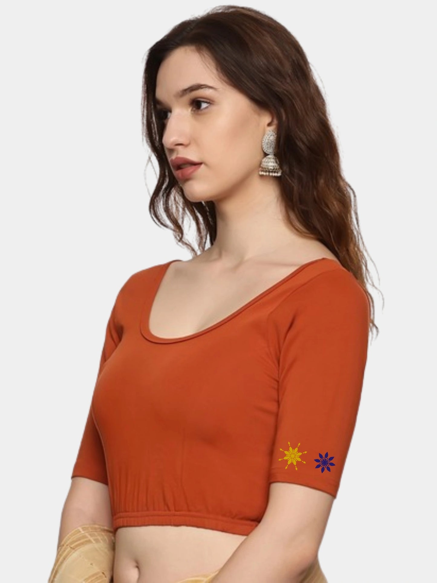 Women Back Printed Stretchable Half Sleeve Blouse U0193 Rust