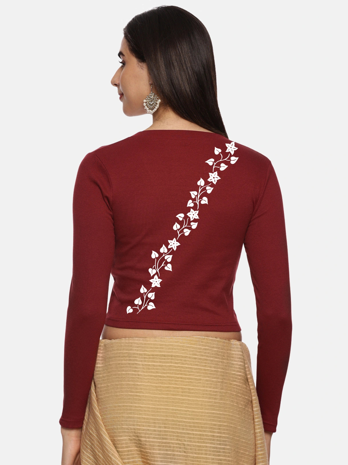 Women Back Printed Stretchable Full Sleeve V Neck RIB Blouse U0219 Maroon