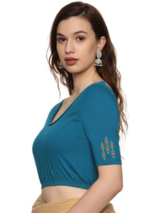 Women Back Printed Stretchable Half Sleeve Blouse U0178 peacock