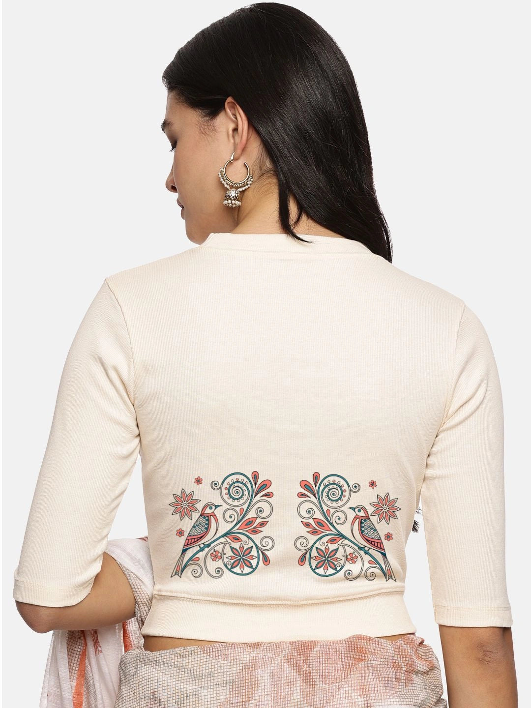 Women Back Printed Stretchable Elbow Sleeve RIB Blouse U0156 - notyetbyus