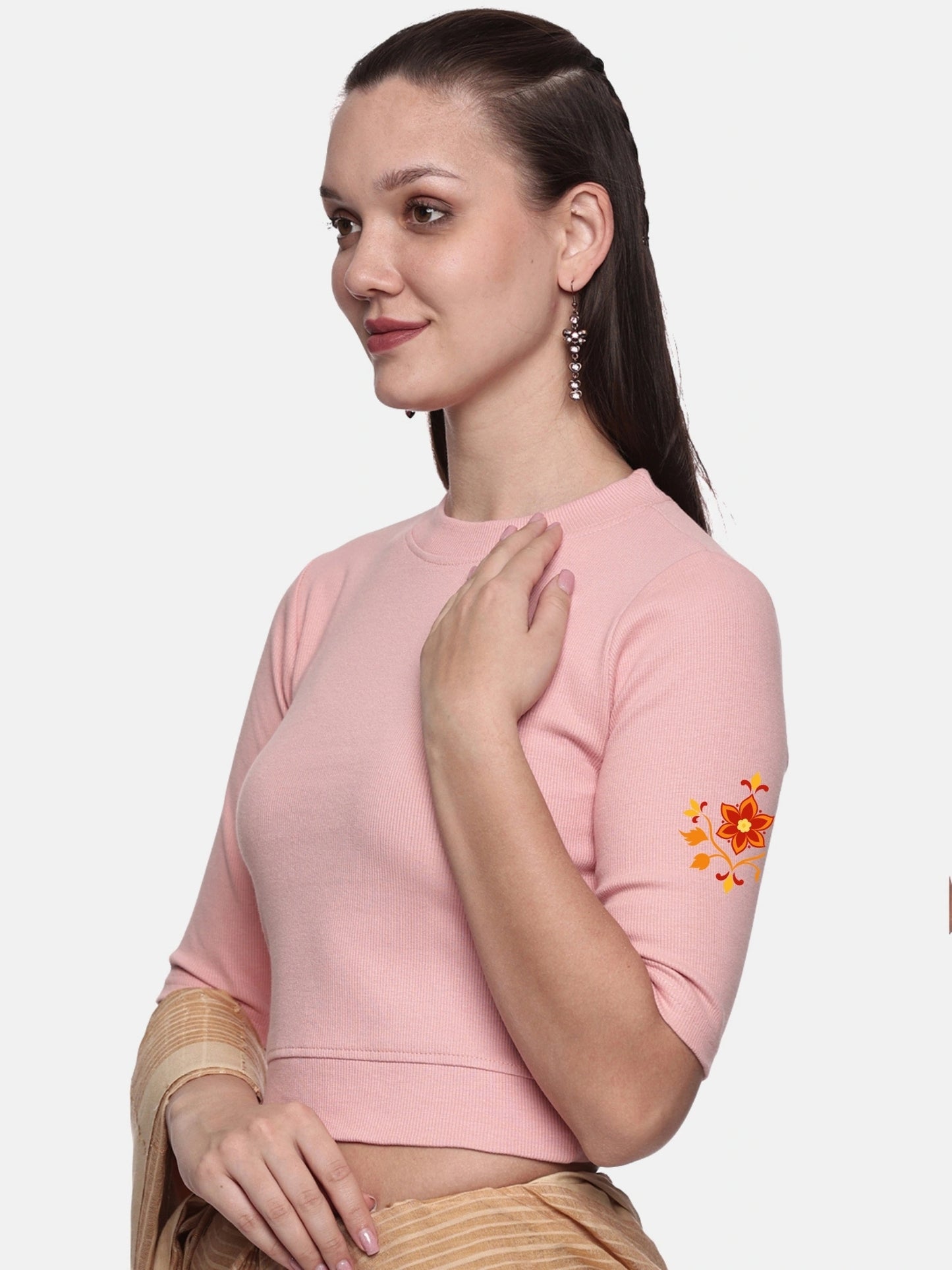 Women Back Printed Stretchable Elbow Sleeve RIB Blouse U0158 Blush Pink