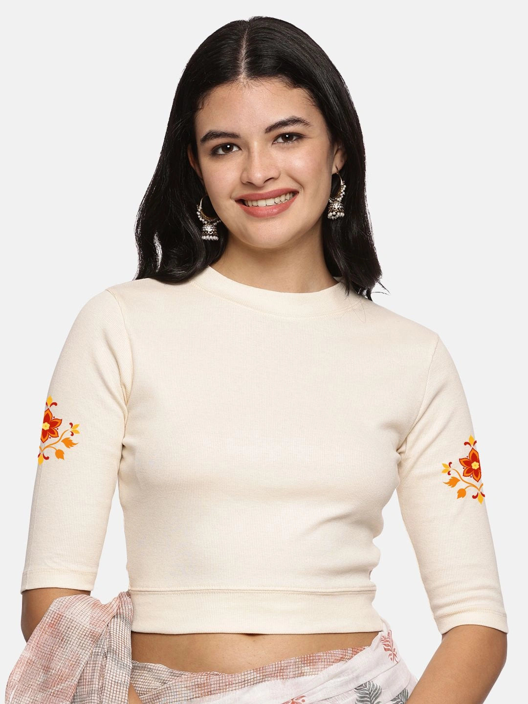 Women Back Printed Stretchable Elbow Sleeve RIB Blouse U0158 - notyetbyus