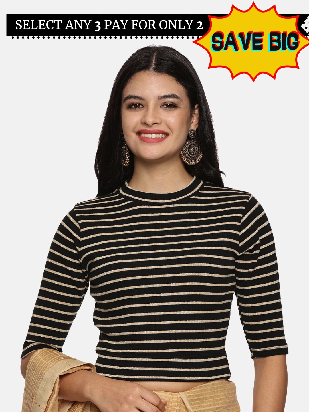 Women Yarn Dyed Stretchable Elbow Sleeve RIB Blouse U0154 - notyetbyus