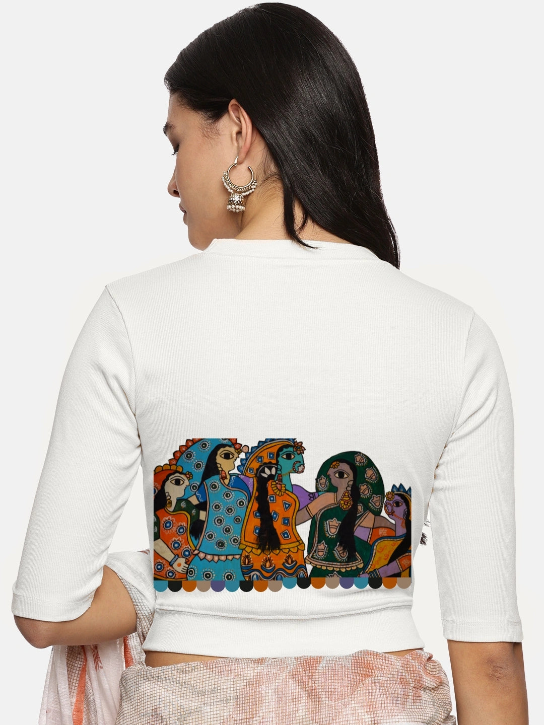 Women Back Printed Stretchable Elbow Sleeve RIB Blouse U0160 - notyetbyus