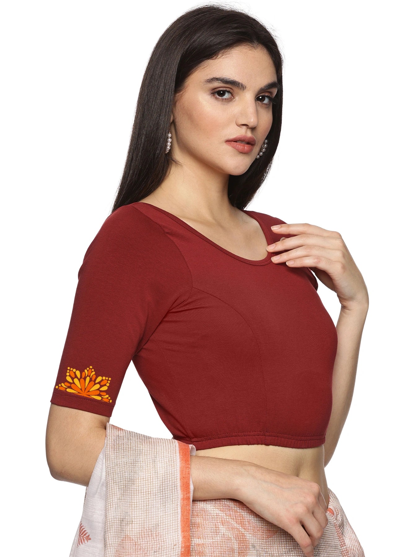 Women Back Printed Stretchable Half Sleeve Blouse U0175 Maroon