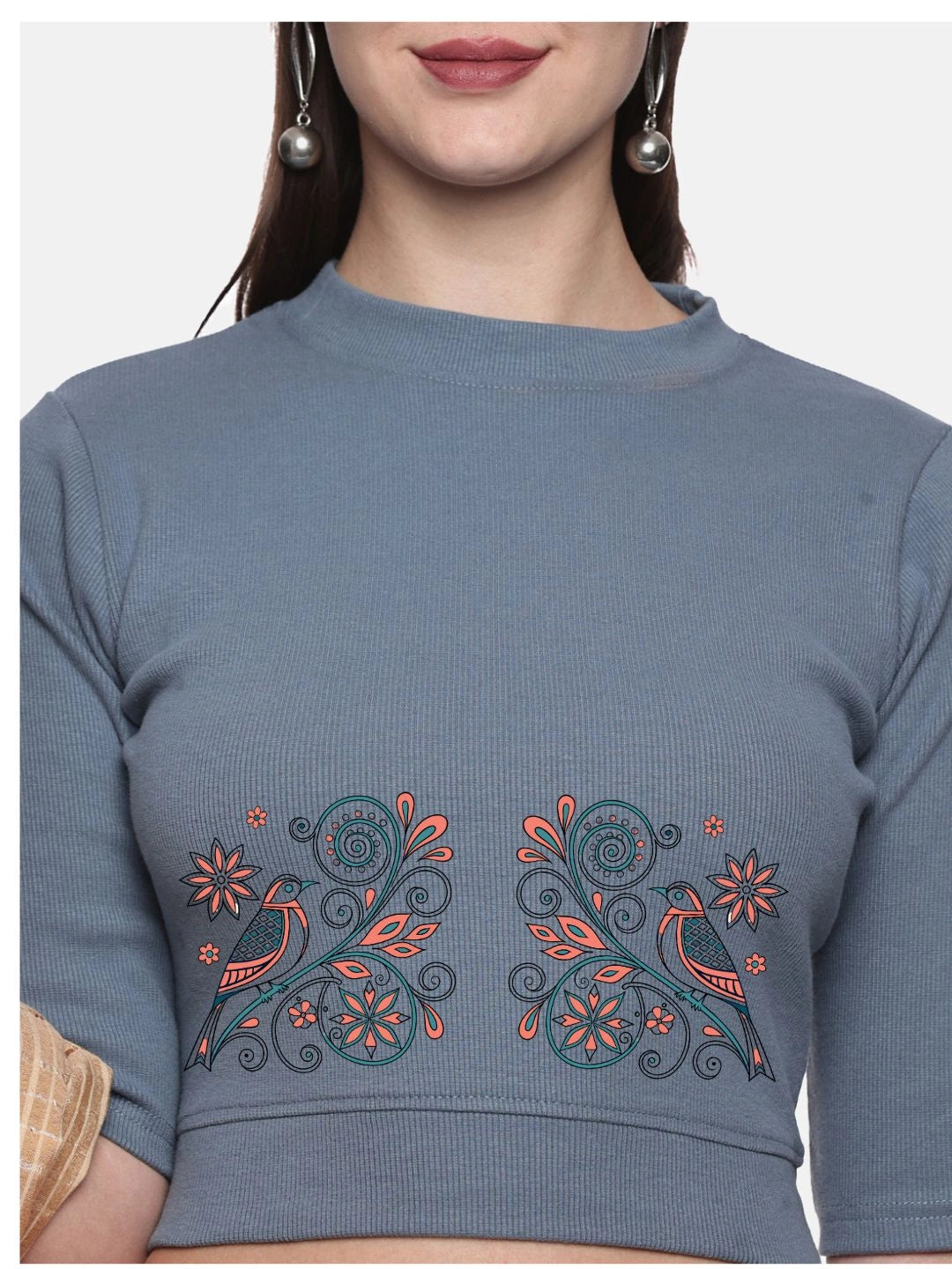 Women Back Printed Stretchable Elbow Sleeve RIB Blouse U0156 - notyetbyus
