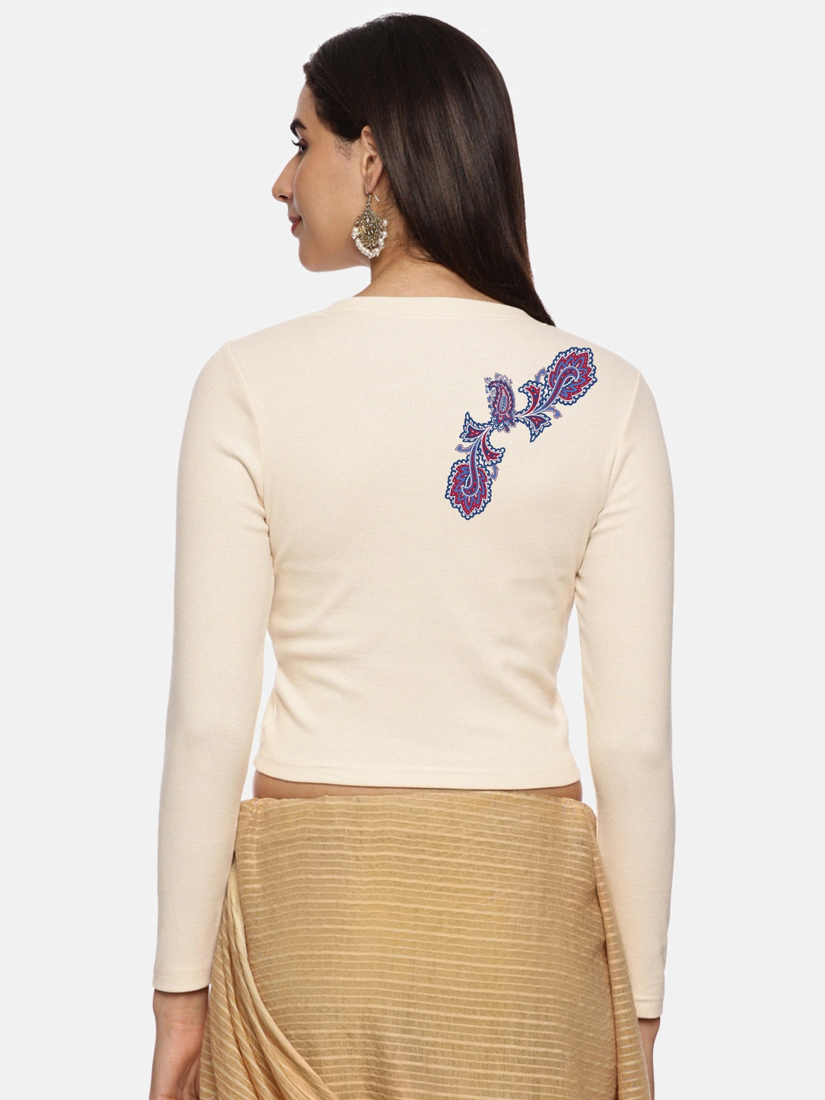 Women Back Printed Stretchable Full Sleeve V Neck RIB Blouse U0217 Cream