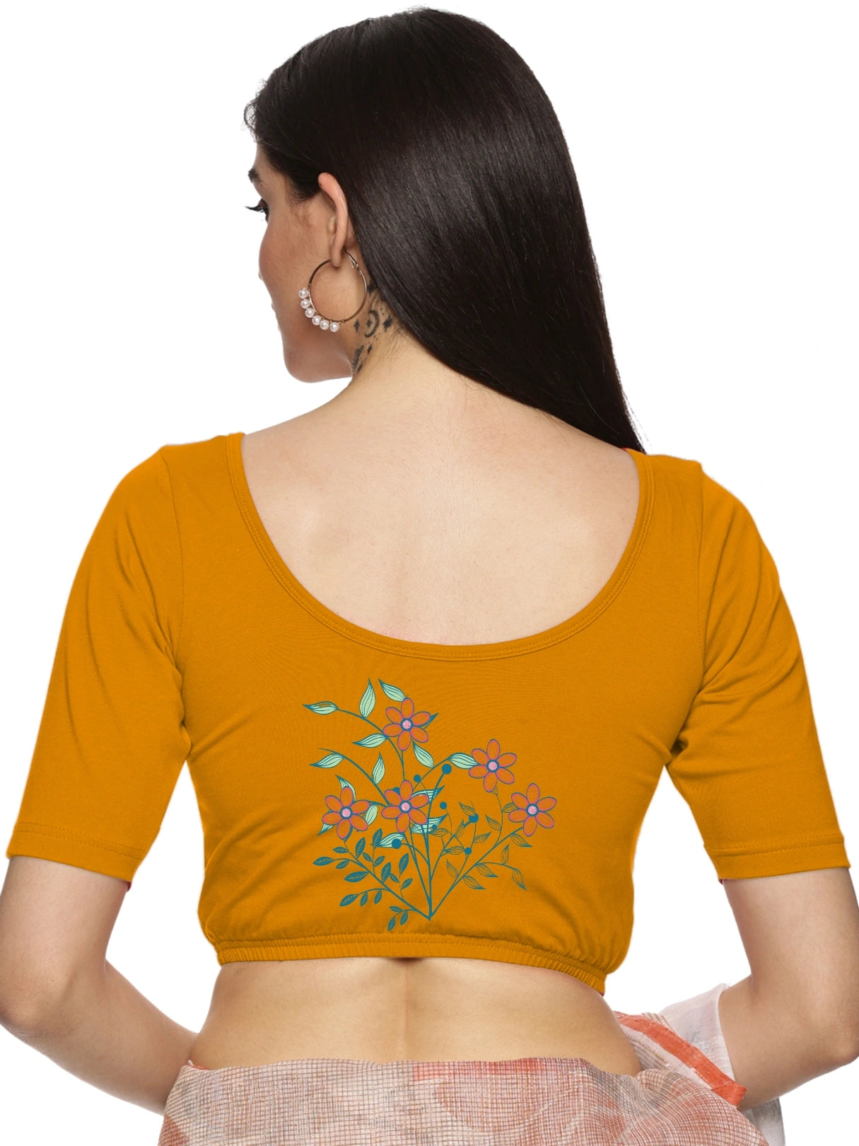 Women Back Printed Stretchable Half Sleeve Blouse U0225 Mustard