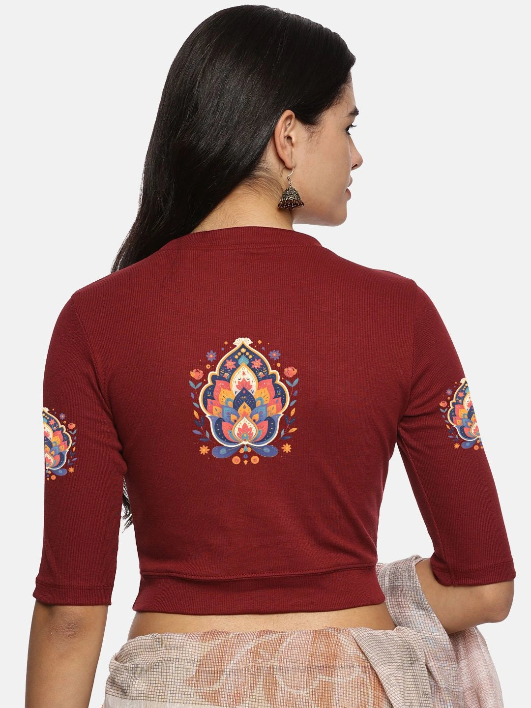 Women Back Printed Stretchable Elbow Sleeve RIB Blouse U0157 - notyetbyus