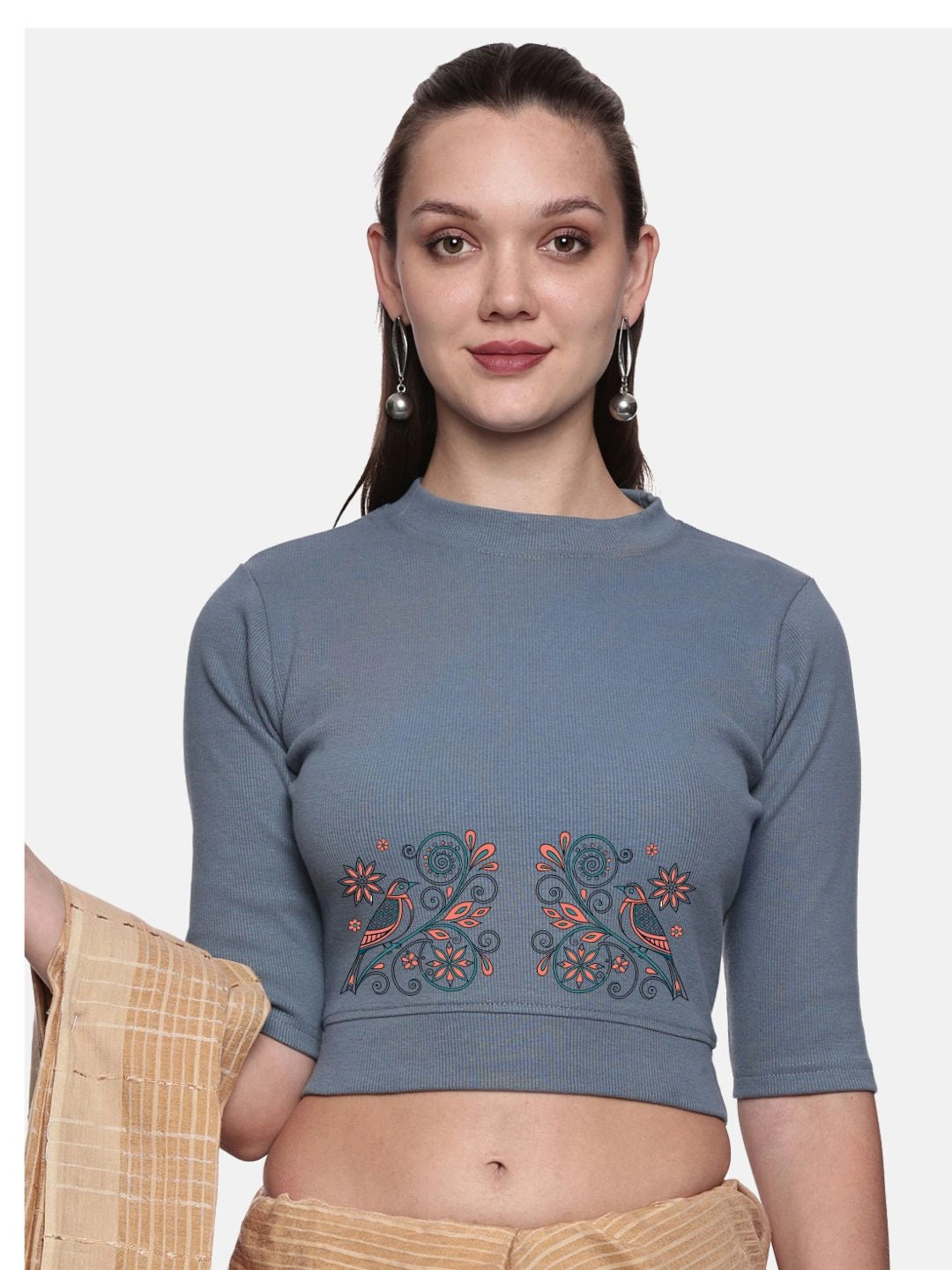 Women Back Printed Stretchable Elbow Sleeve RIB Blouse U0156 - notyetbyus