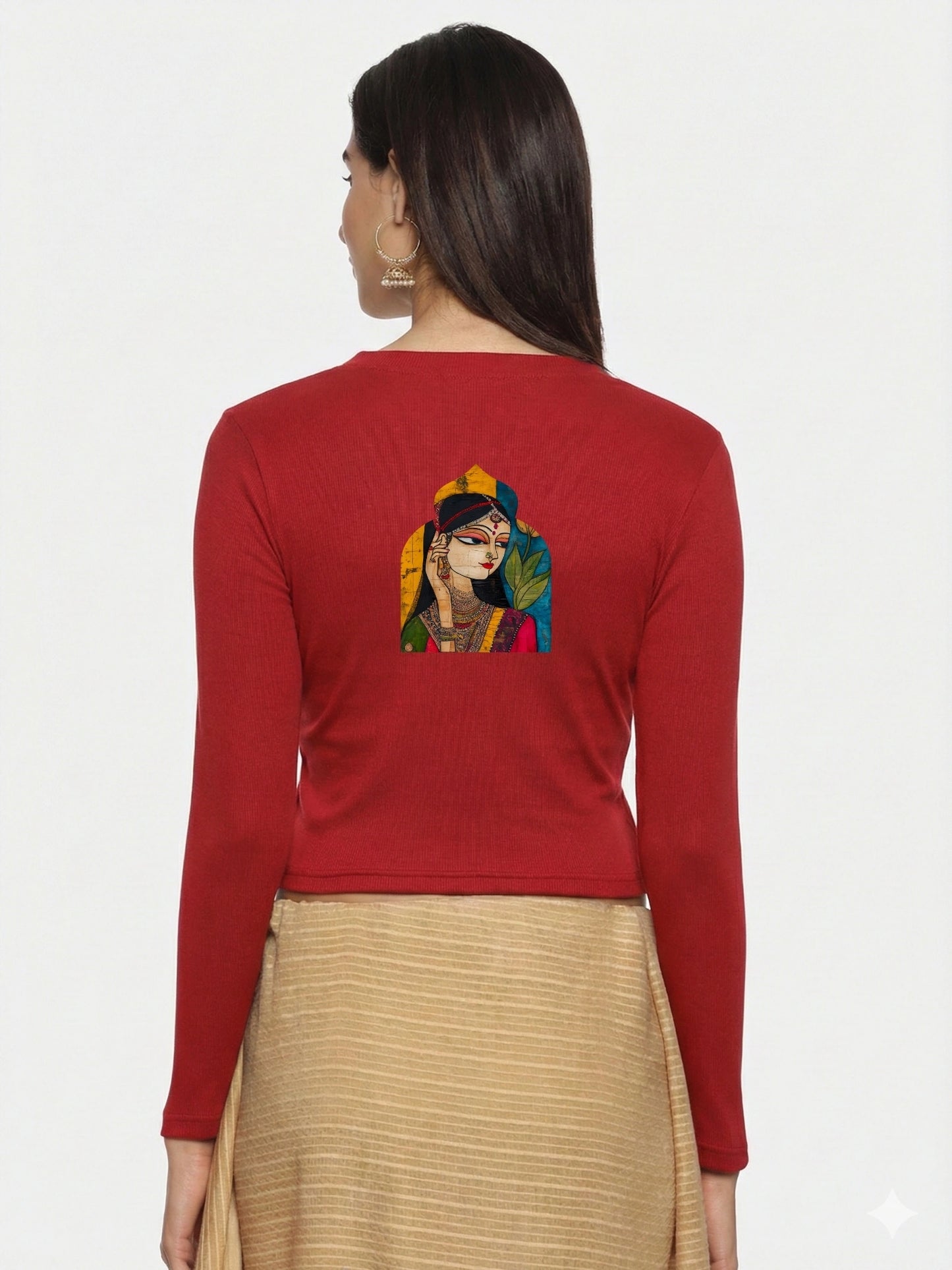 Women Back Printed Stretchable Full Sleeve V Neck RIB Blouse U0185 Burgandy