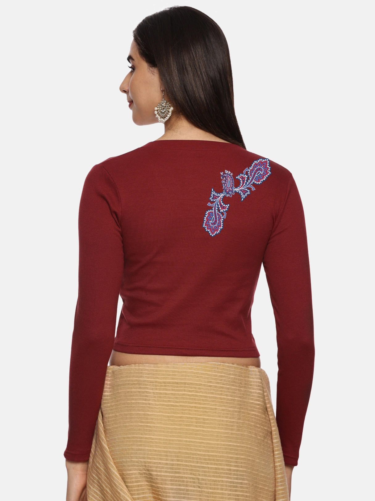 Women Back Printed Stretchable Full Sleeve V Neck RIB Blouse U0217 Maroon