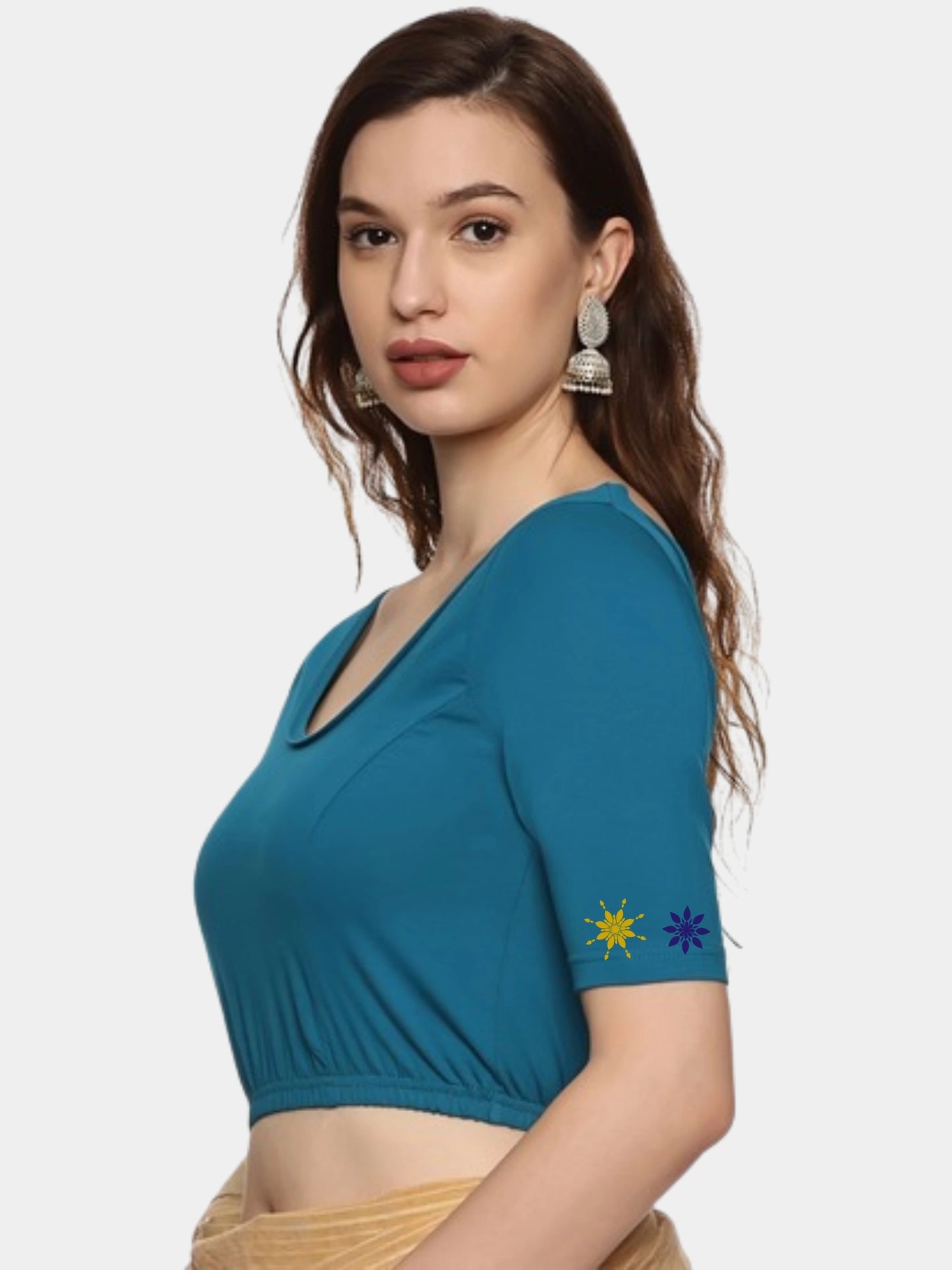 Women Back Printed Stretchable Half Sleeve Blouse U0193 Peacock