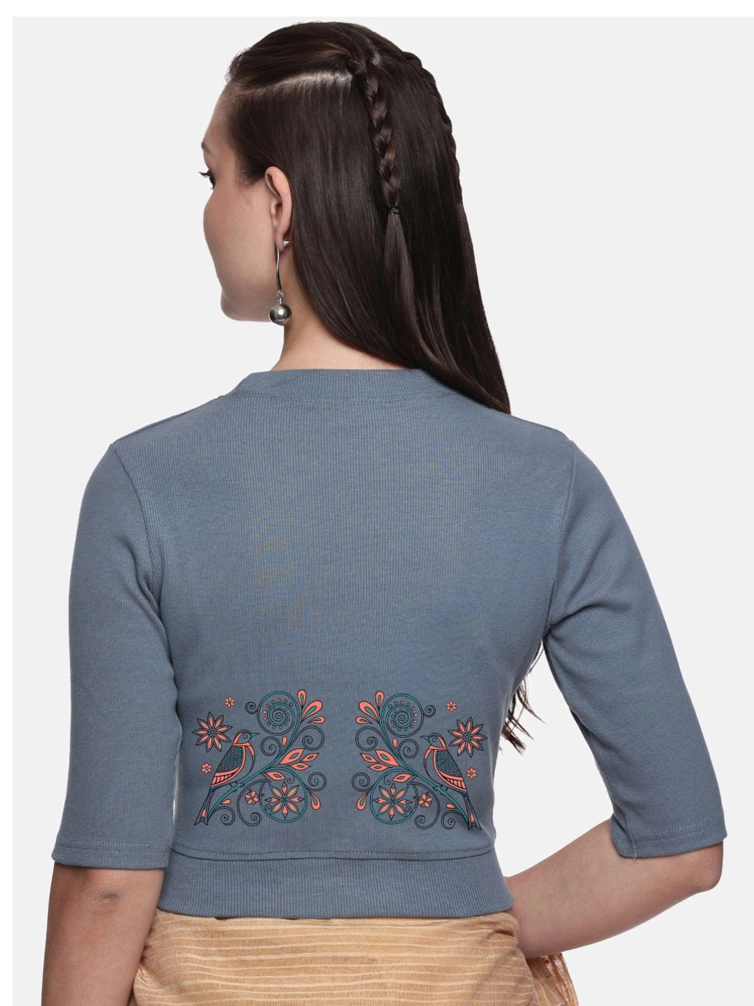 Women Back Printed Stretchable Elbow Sleeve RIB Blouse U0156 - notyetbyus