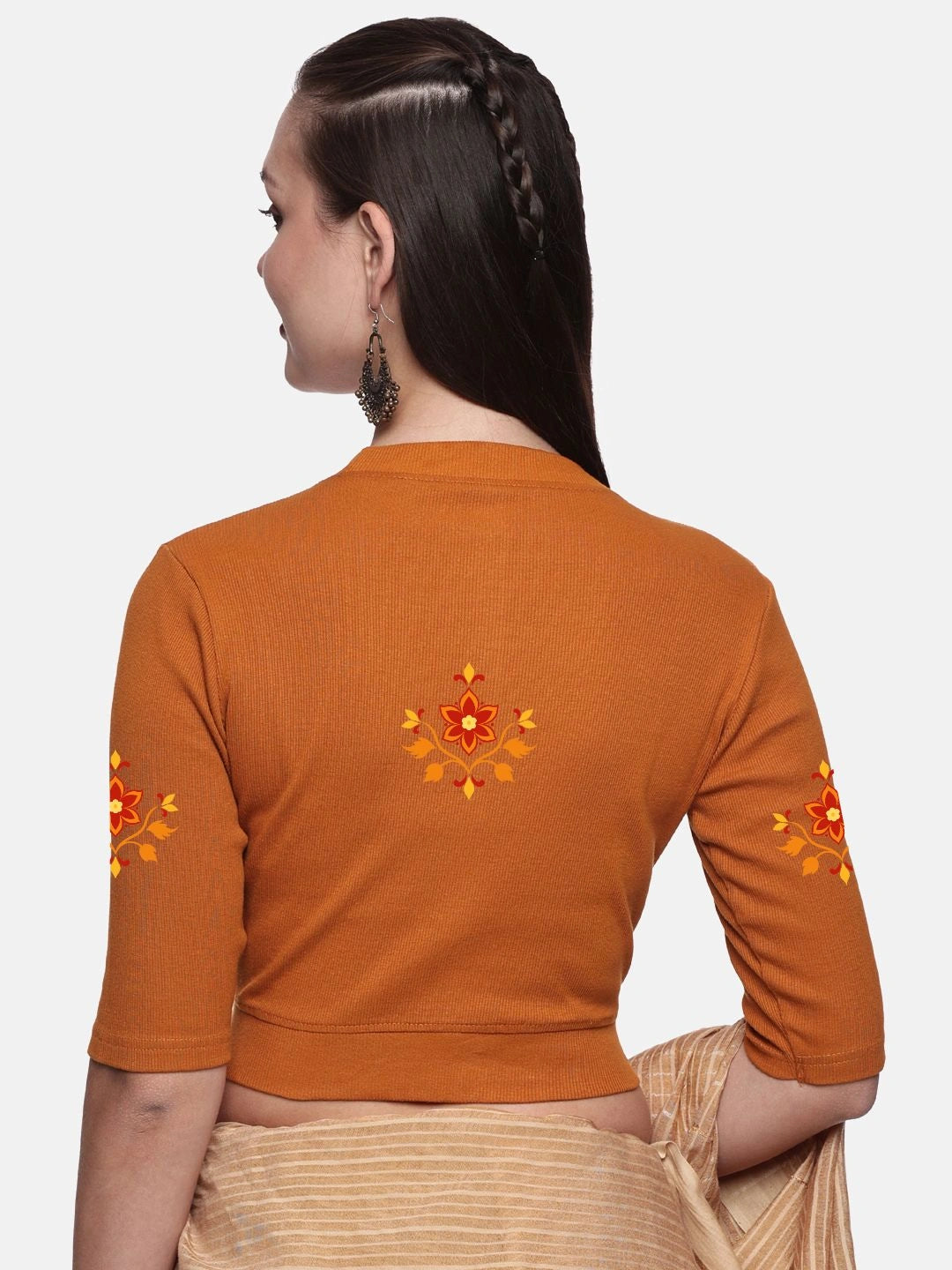 Women Back Printed Stretchable Elbow Sleeve RIB Blouse U0158 - notyetbyus